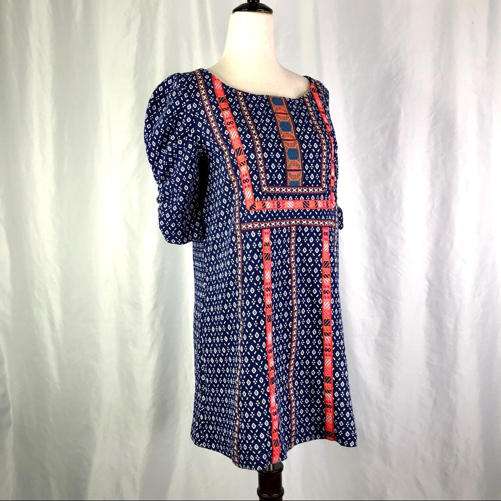 Navy Blue Patterned Mini Dress with Coral Trim